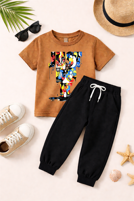🤎🌞 2-Piece Kids Summer Tracksuit – Camel Brown Edition 🌟  Graphic Printed T-Shirt + Soft Black Jogger