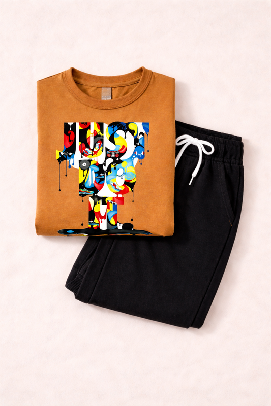 🤎🌞 2-Piece Kids Summer Tracksuit – Camel Brown Edition 🌟  Graphic Printed T-Shirt + Soft Black Jogger