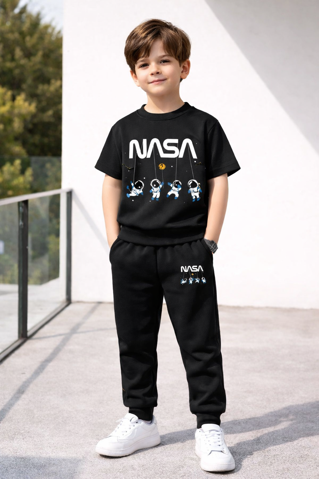 🖤🚀 Premium 2-Piece Kids Tracksuit – BLACK   NASA Edition 🌟  Astronaut Printed T-Shirt + Comfort Jogger