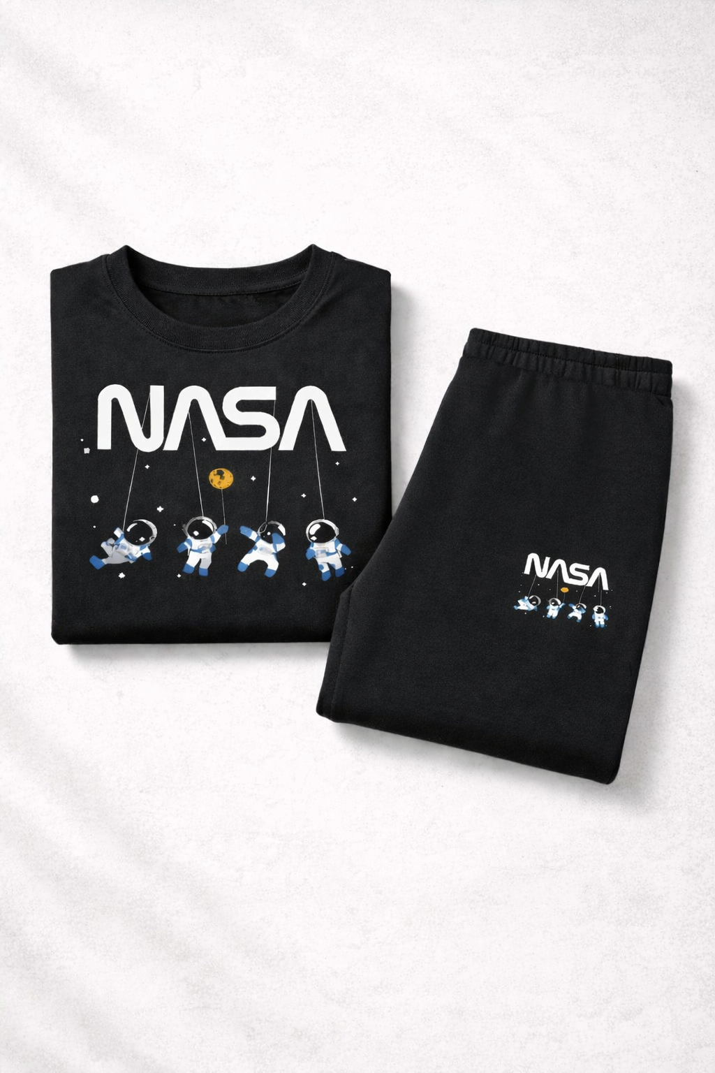 🖤🚀 Premium 2-Piece Kids Tracksuit – BLACK   NASA Edition 🌟  Astronaut Printed T-Shirt + Comfort Jogger