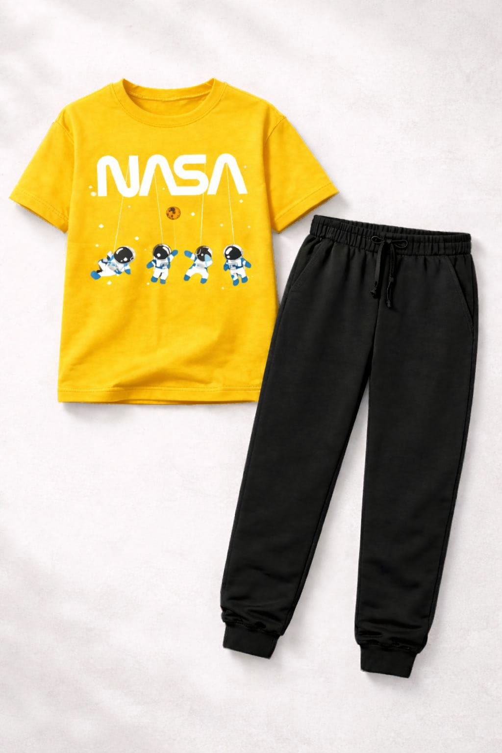 💛🚀 Premium 2-Piece Kids Summer Tracksuit – Yellow NASA Edition 🌟  Astronaut Printed T-Shirt + Comfort Fit Jogger