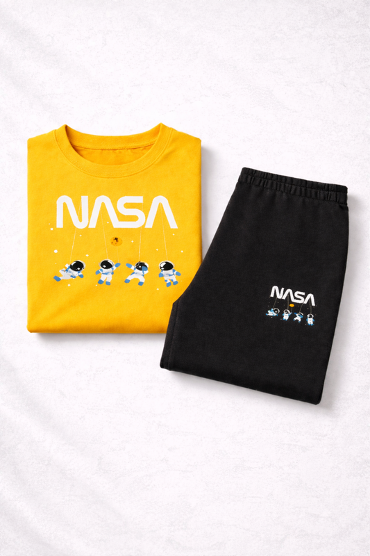 💛🚀 Premium 2-Piece Kids Summer Tracksuit – Yellow NASA Edition 🌟  Astronaut Printed T-Shirt + Comfort Fit Jogger